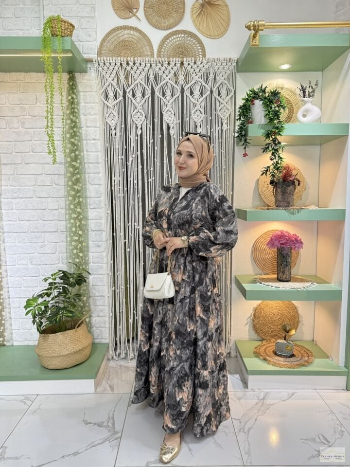 Fırça Desen Siyah Elbise