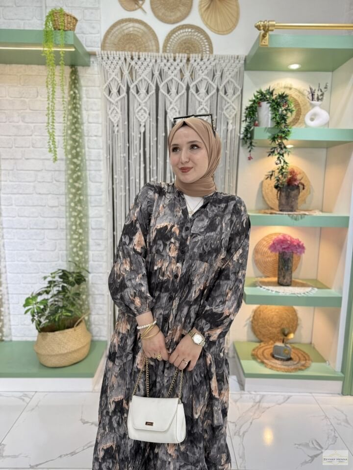 Fırça Desen Siyah Elbise