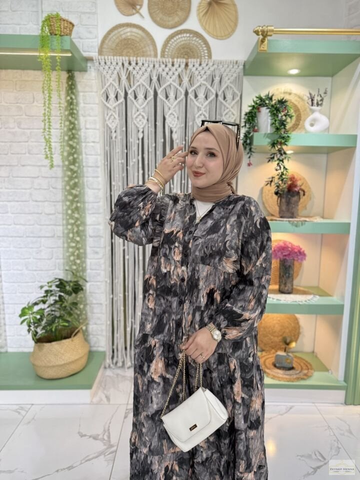 Fırça Desen Siyah Elbise