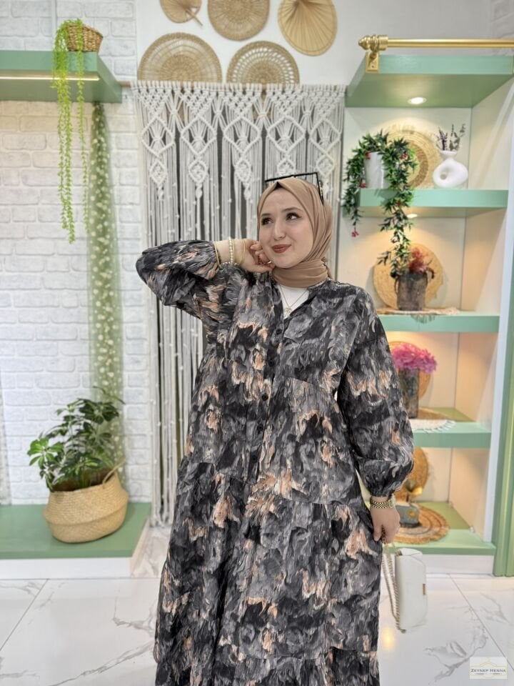 Fırça Desen Siyah Elbise