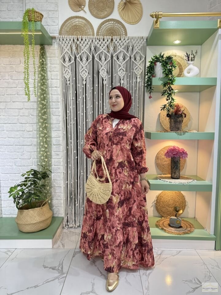 Fırça Desen Bordo Elbise