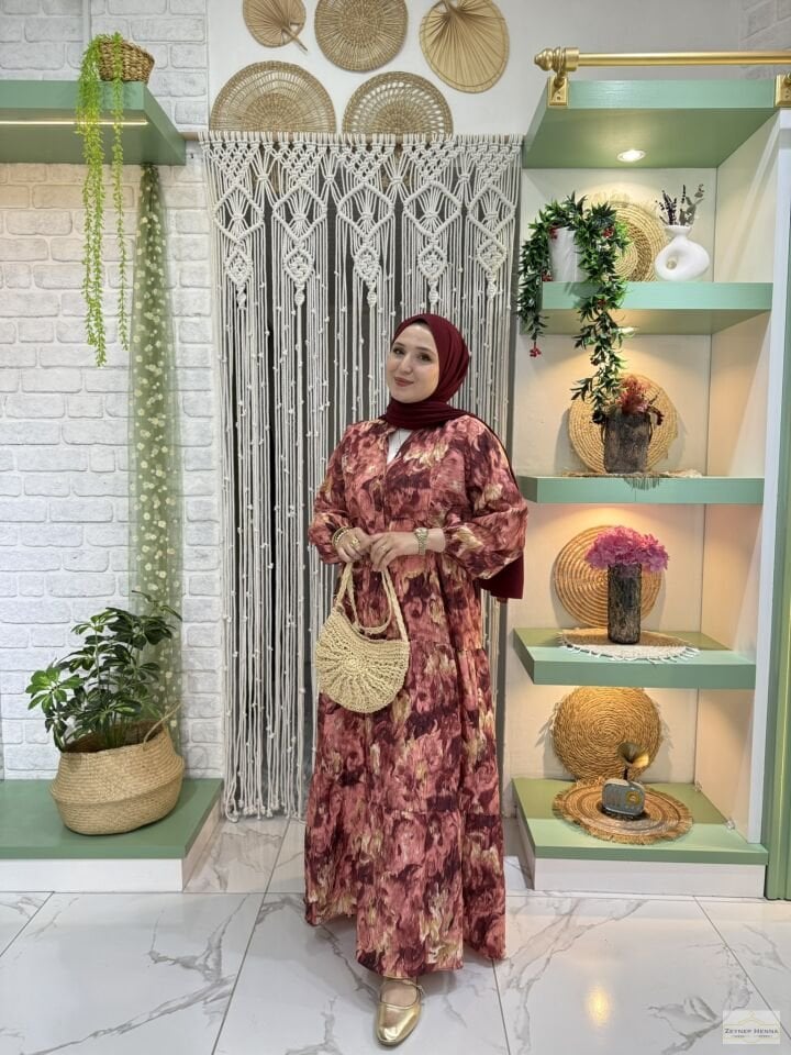 Fırça Desen Bordo Elbise