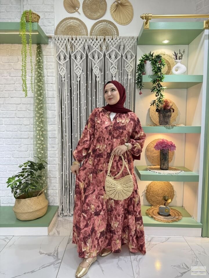 Fırça Desen Bordo Elbise