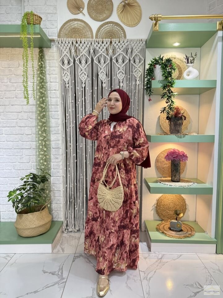 Fırça Desen Bordo Elbise