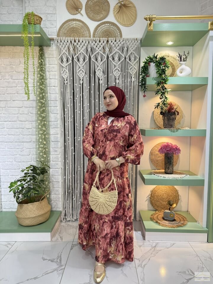 Fırça Desen Bordo Elbise