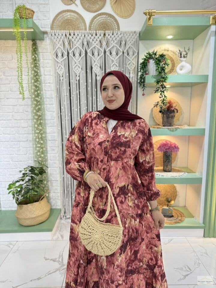 Fırça Desen Bordo Elbise