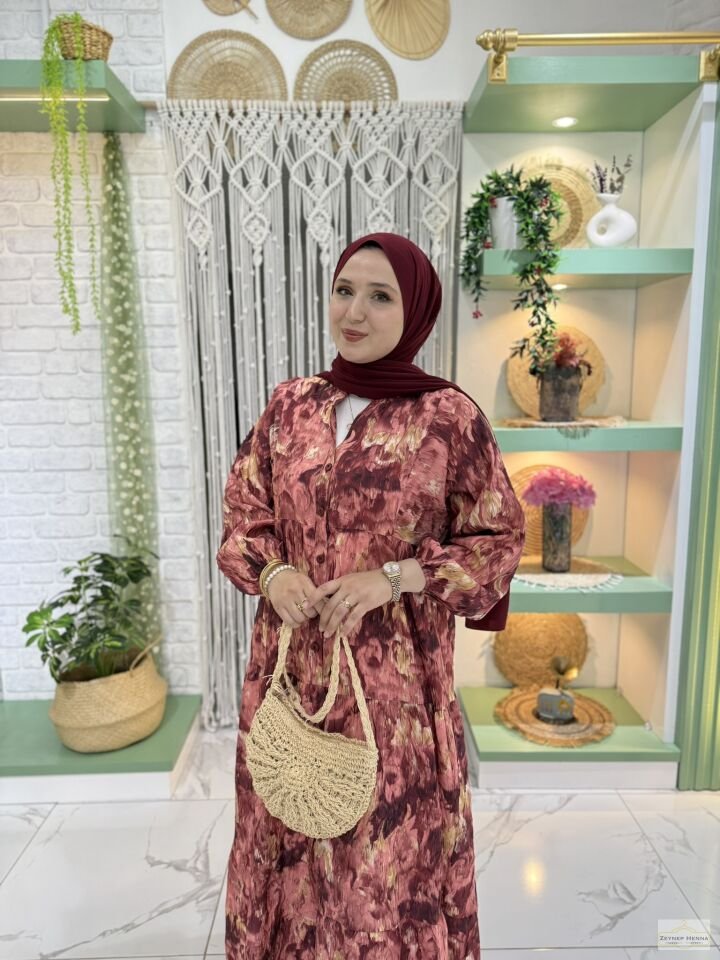 Fırça Desen Bordo Elbise