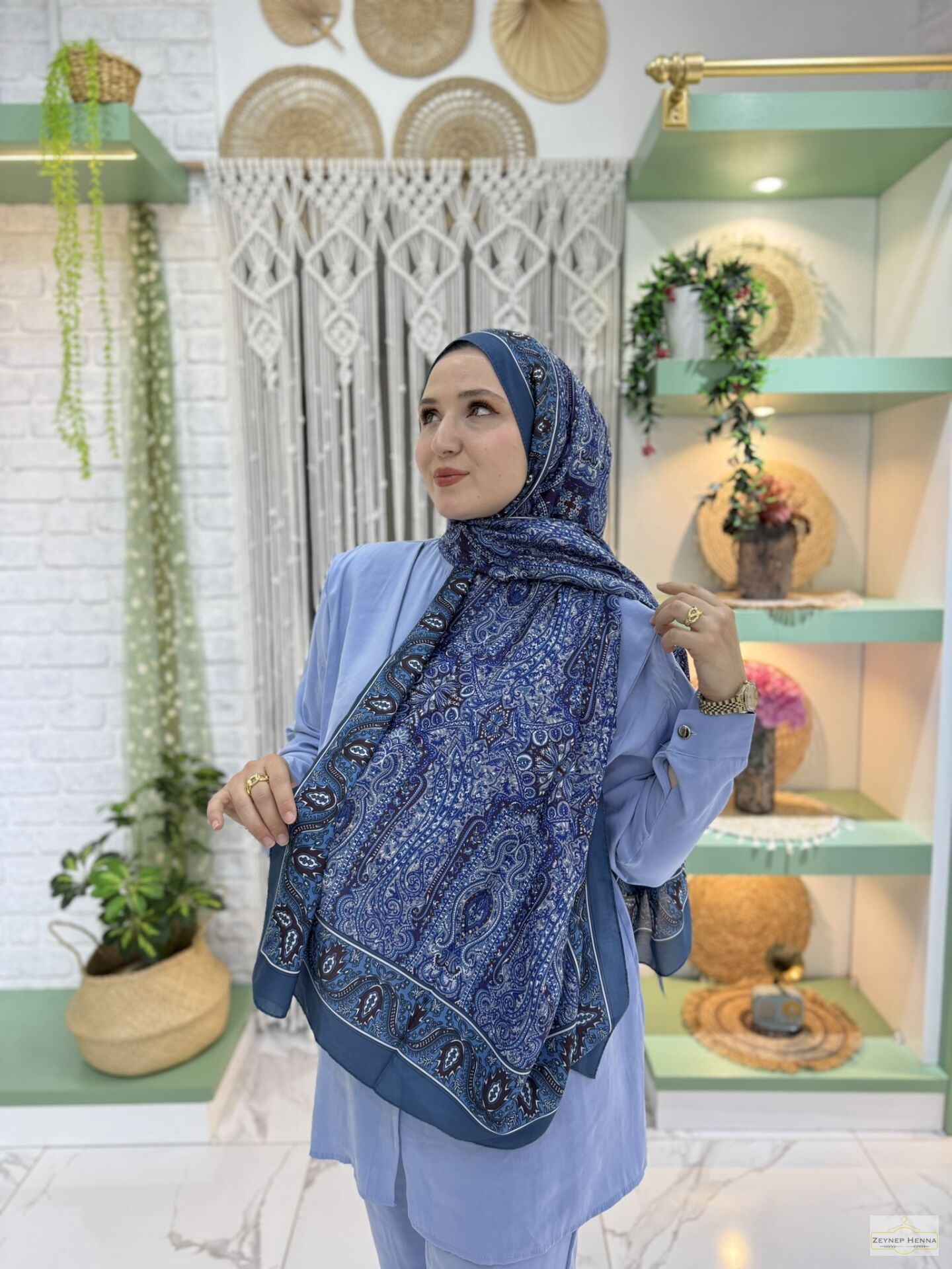Mihra Desen Mavi Pamuk Şal