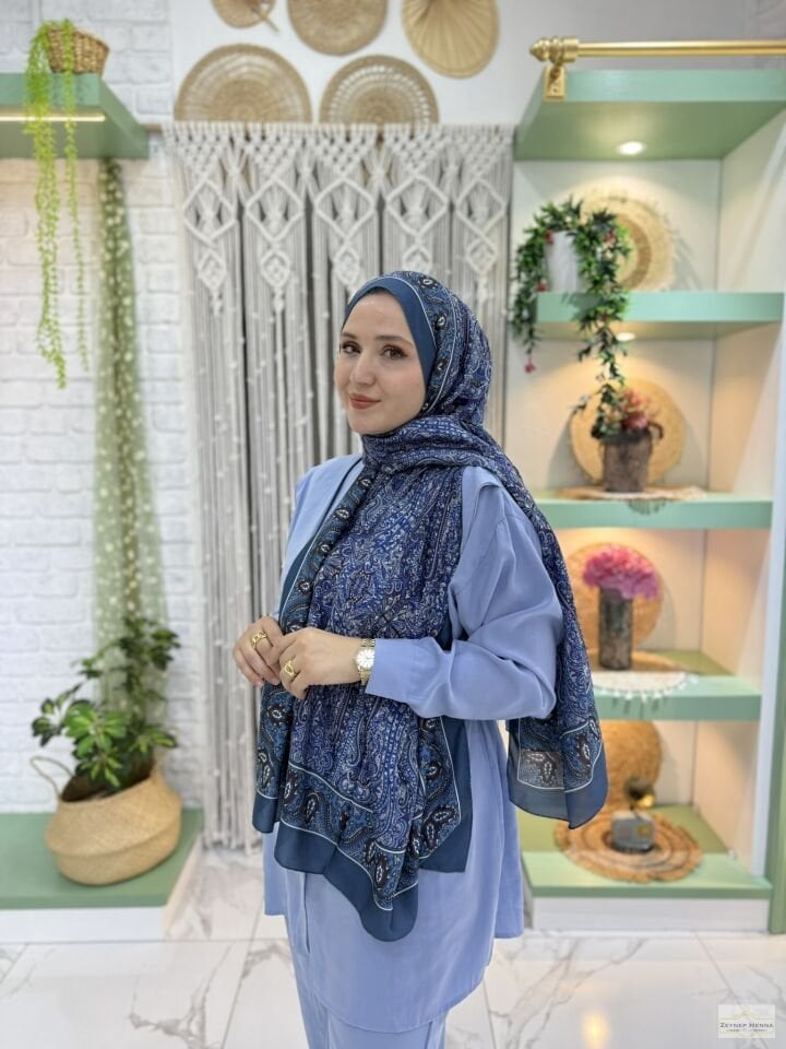 Mihra Desen Mavi Pamuk Şal