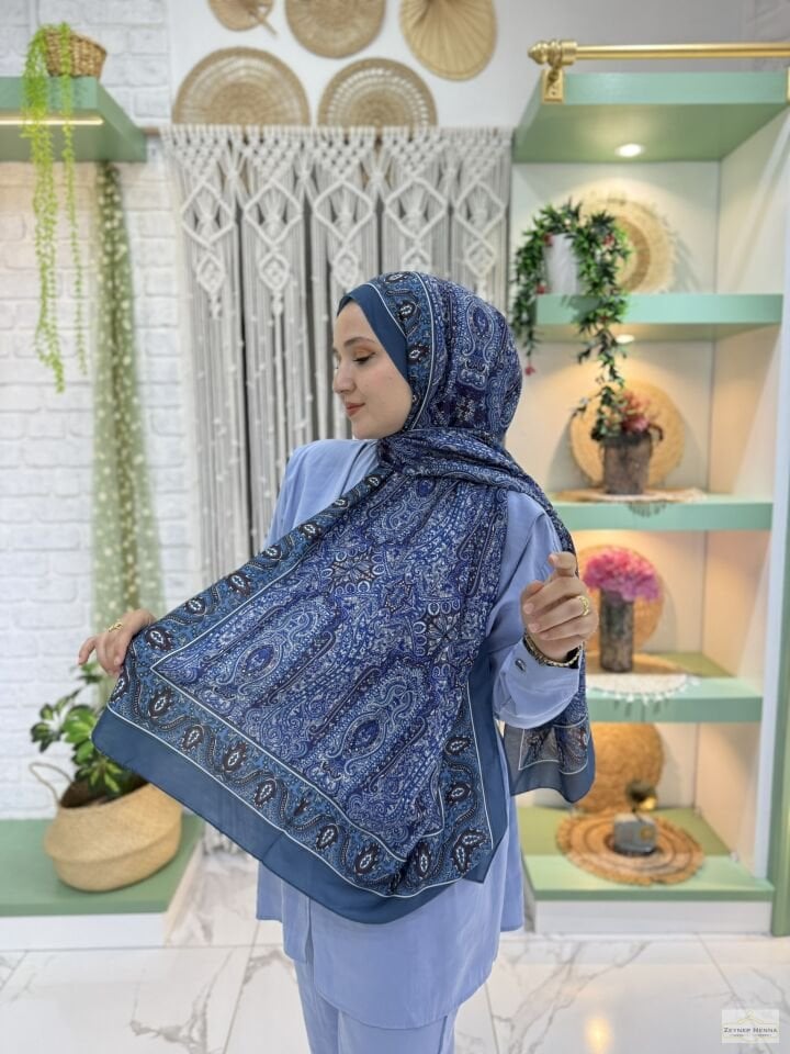 Mihra Desen Mavi Pamuk Şal