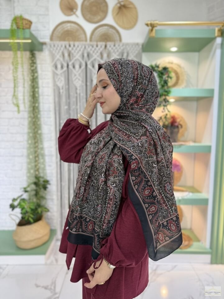 Mihra Desen Siyah Pamuk Şal