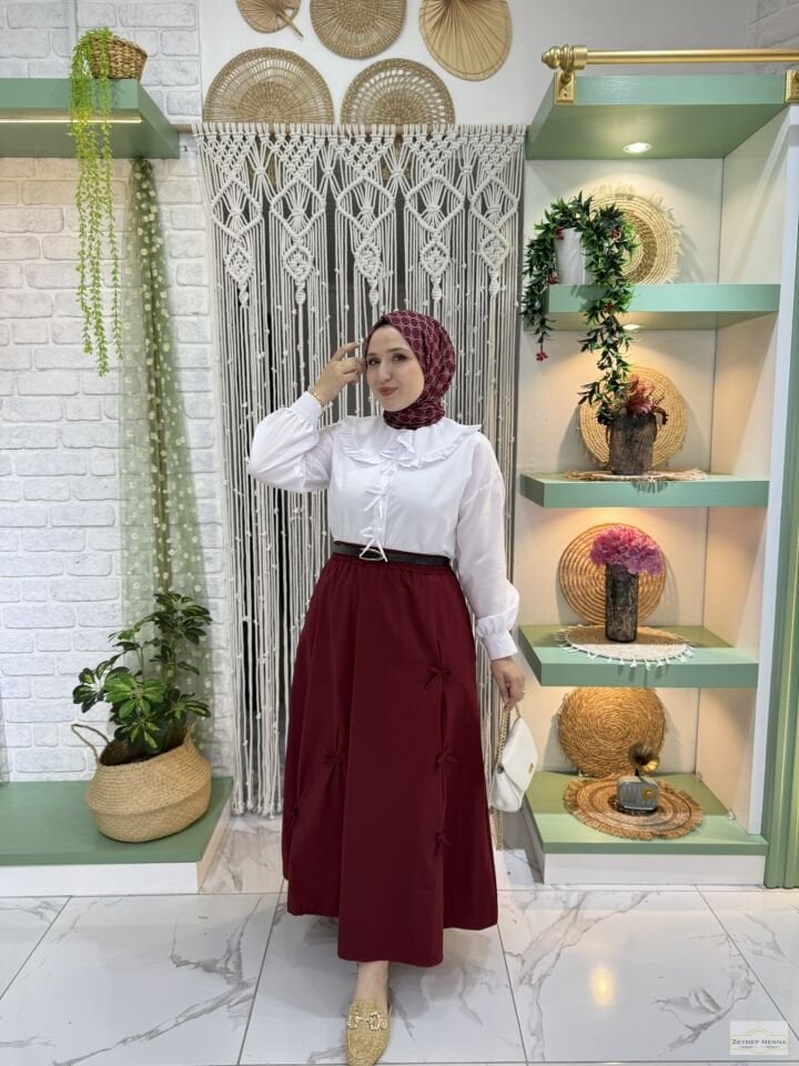 Fiyonklu Bordo Etek