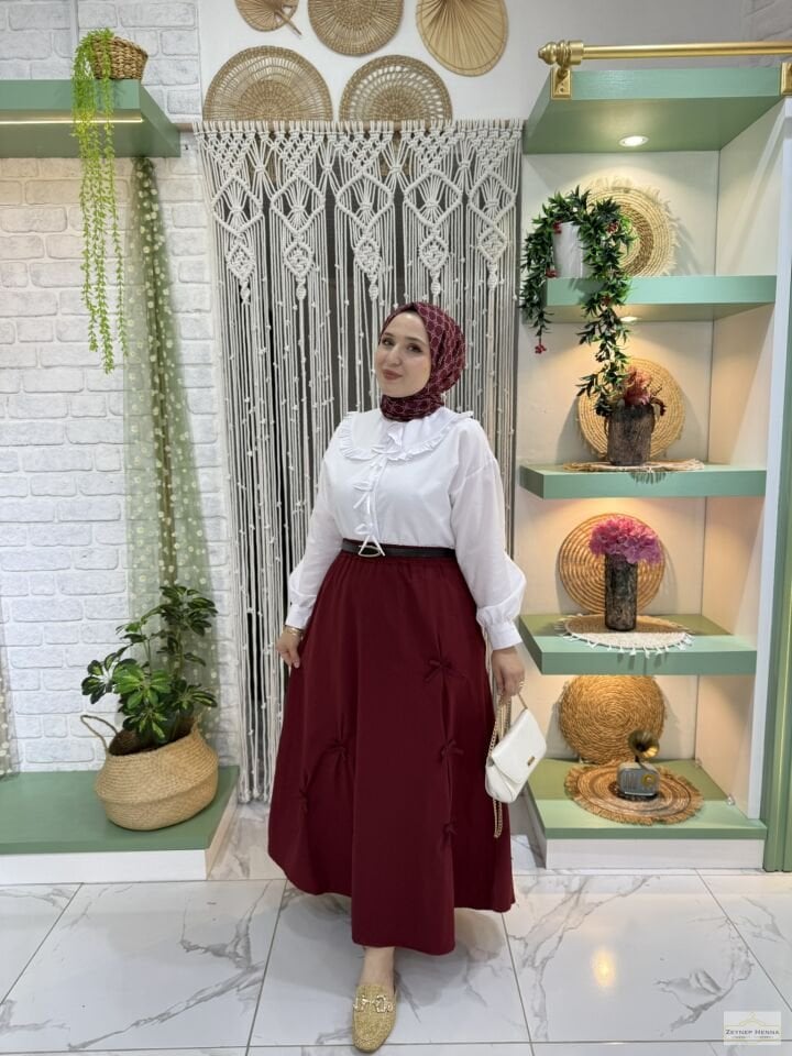 Fiyonklu Bordo Etek