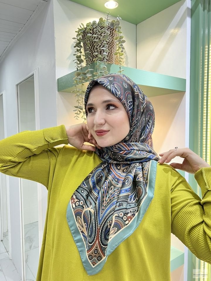 Vintage Desen Mint Yeşili Pamuk Eşarp