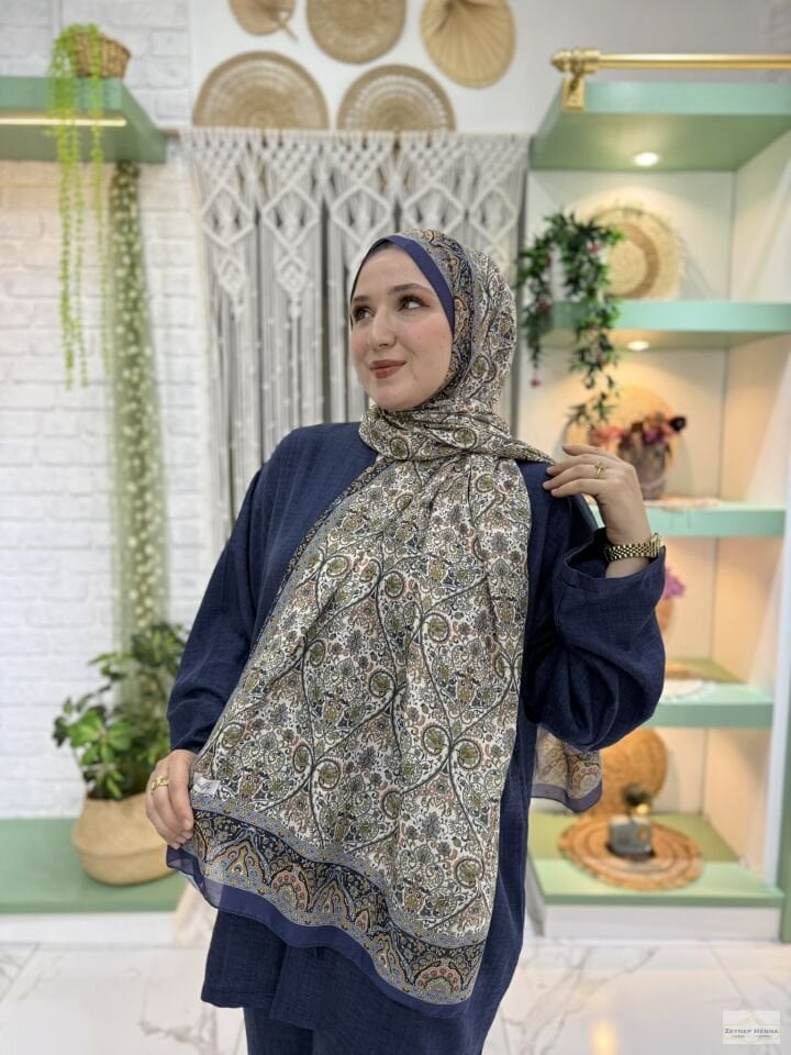 Mira Desen Lacivert Pamuk Şal