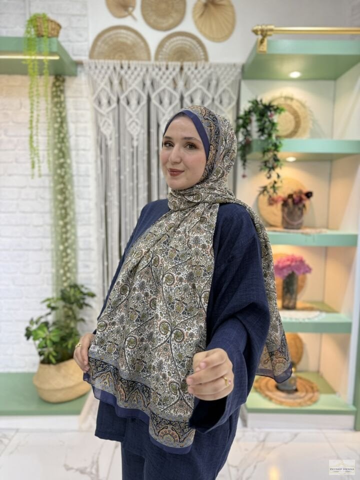 Mira Desen Lacivert Pamuk Şal