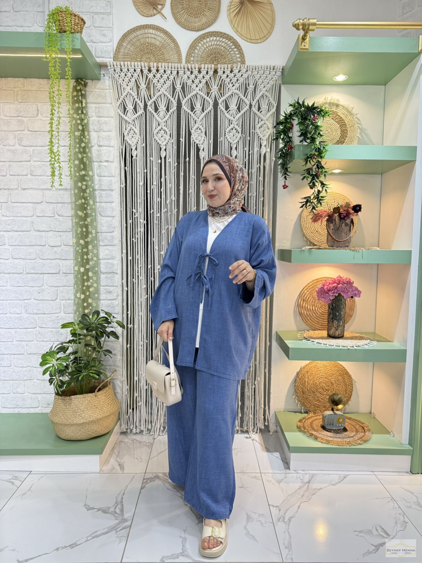 Keten Mavi Kimono Takım
