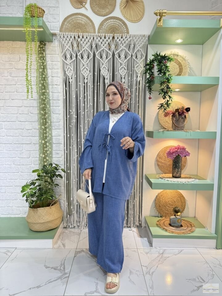 Keten Mavi Kimono Takım