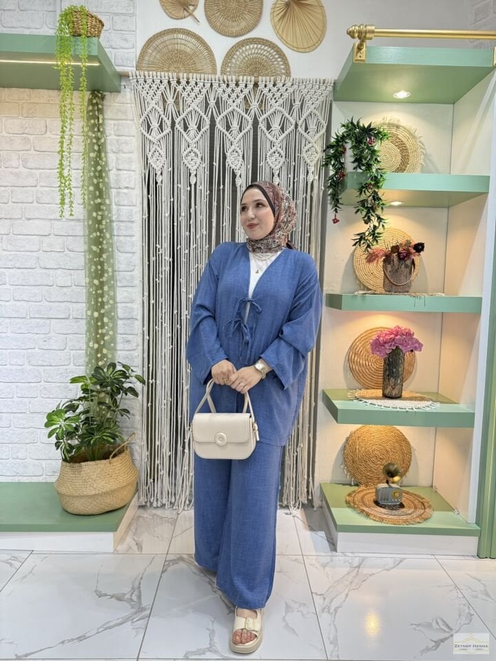 Keten Mavi Kimono Takım