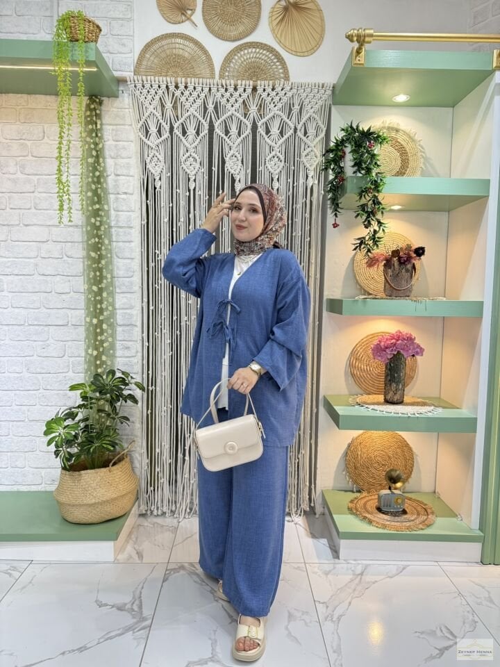 Keten Mavi Kimono Takım