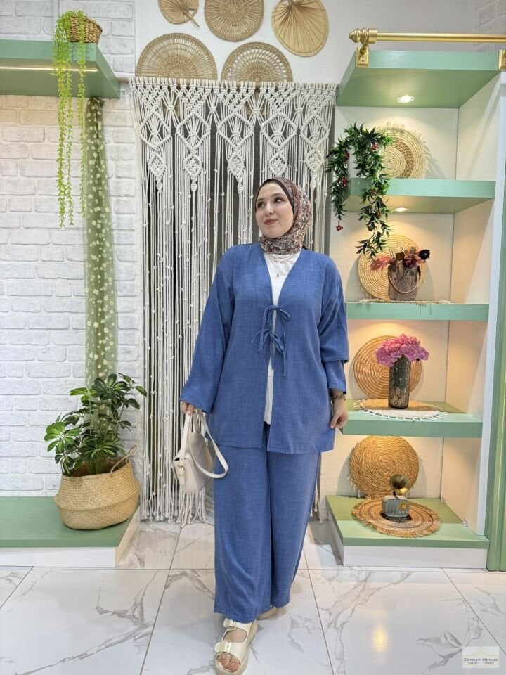 Keten Mavi Kimono Takım