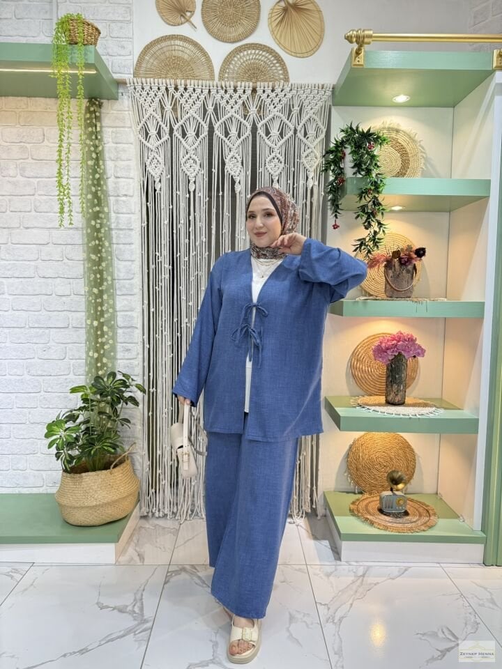 Keten Mavi Kimono Takım