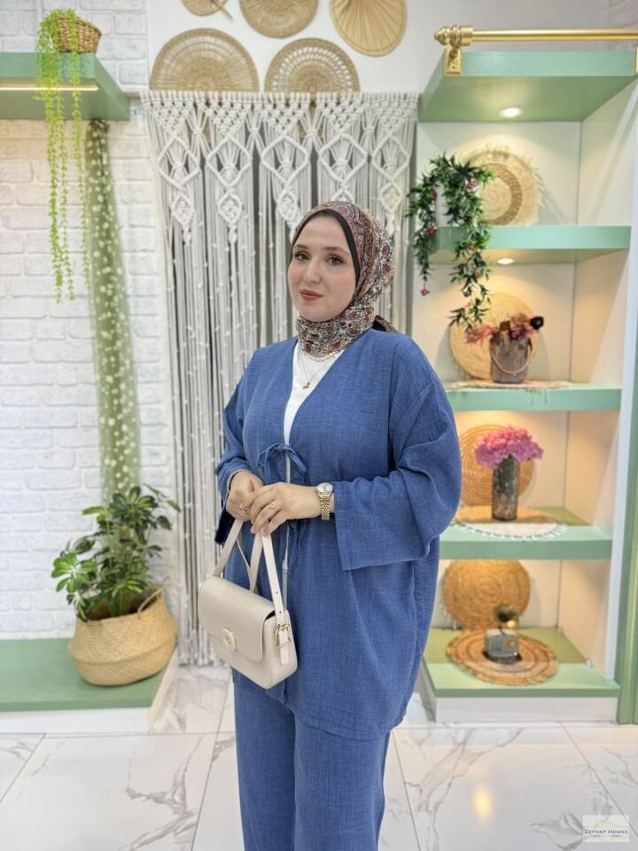 Keten Mavi Kimono Takım