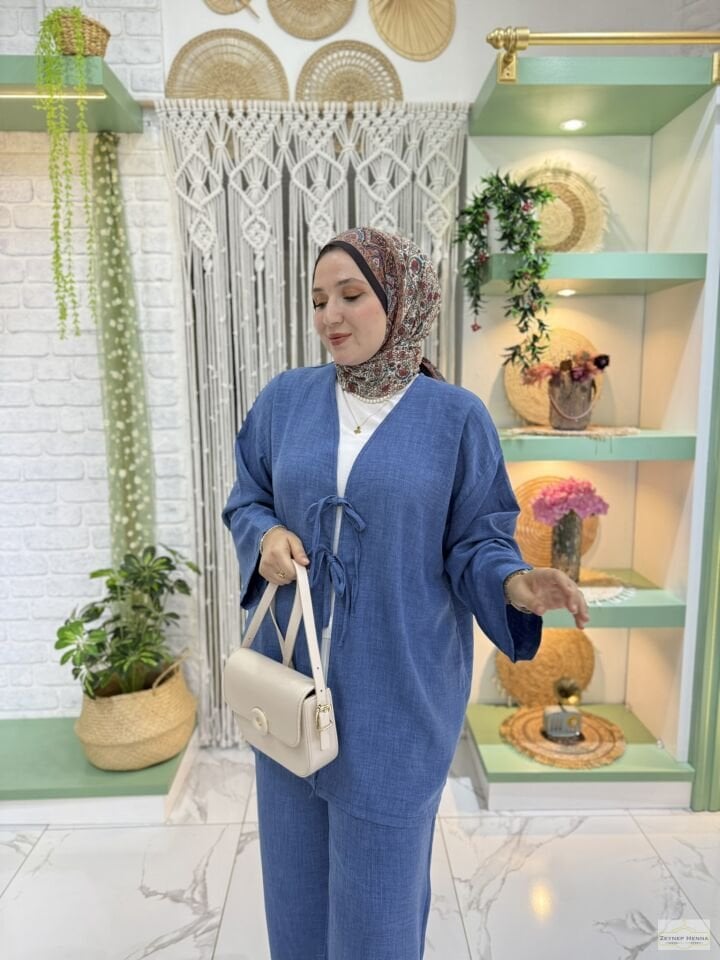 Keten Mavi Kimono Takım