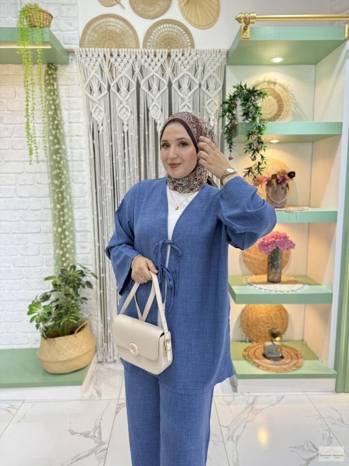 Keten Mavi Kimono Takım