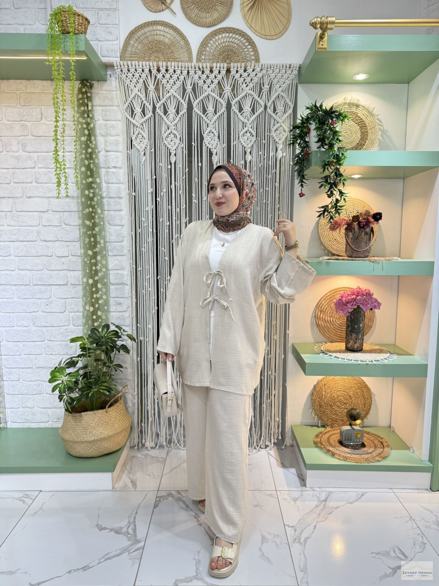 Keten Krem Kimono Takım