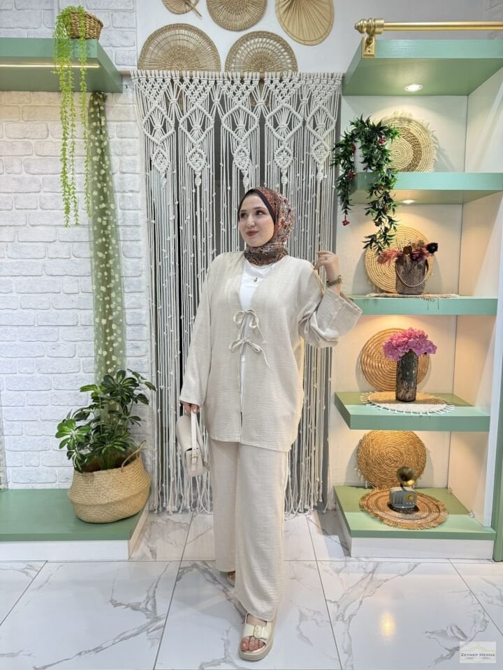 Keten Krem Kimono Takım