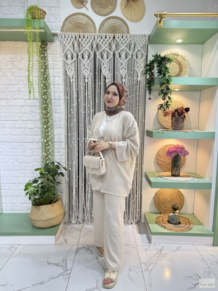 Keten Krem Kimono Takım