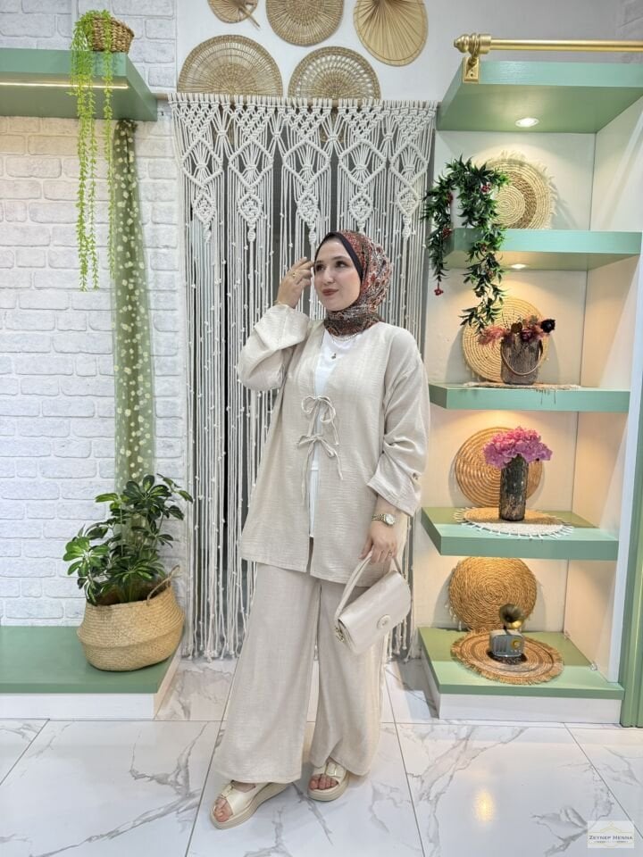 Keten Krem Kimono Takım