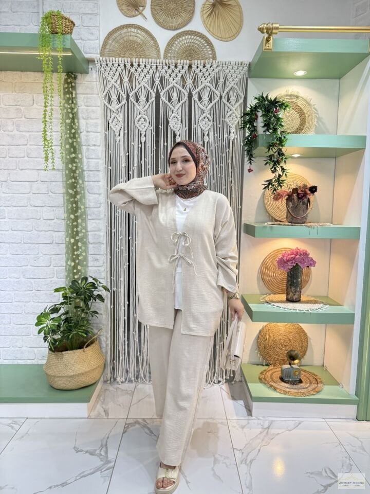 Keten Krem Kimono Takım