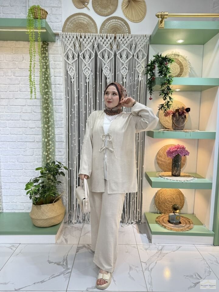 Keten Krem Kimono Takım