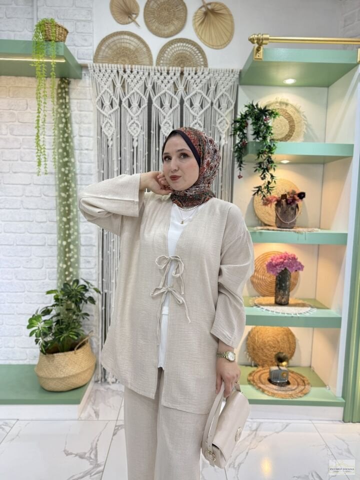 Keten Krem Kimono Takım