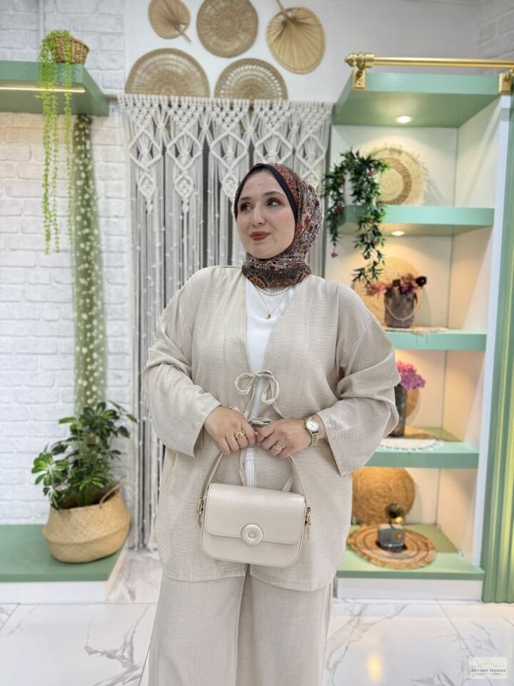 Keten Krem Kimono Takım