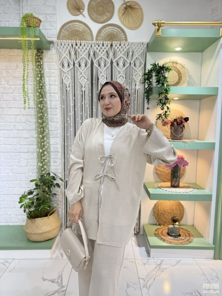 Keten Krem Kimono Takım