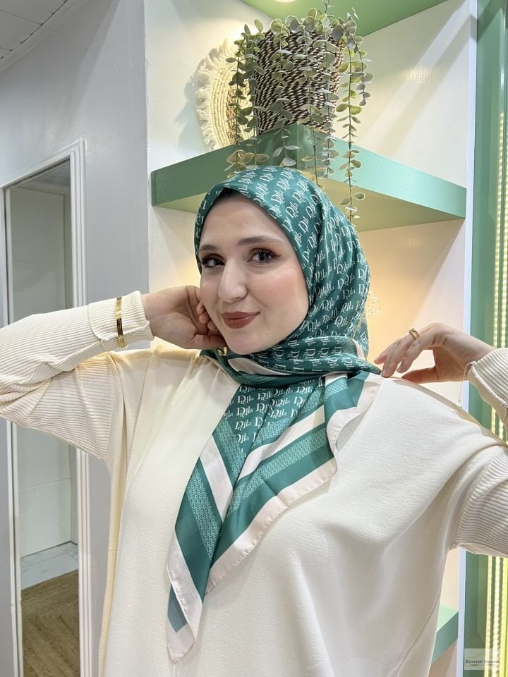 Harf Desen Yeşil Pamuk Eşarp