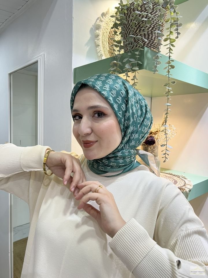 Harf Desen Yeşil Pamuk Eşarp