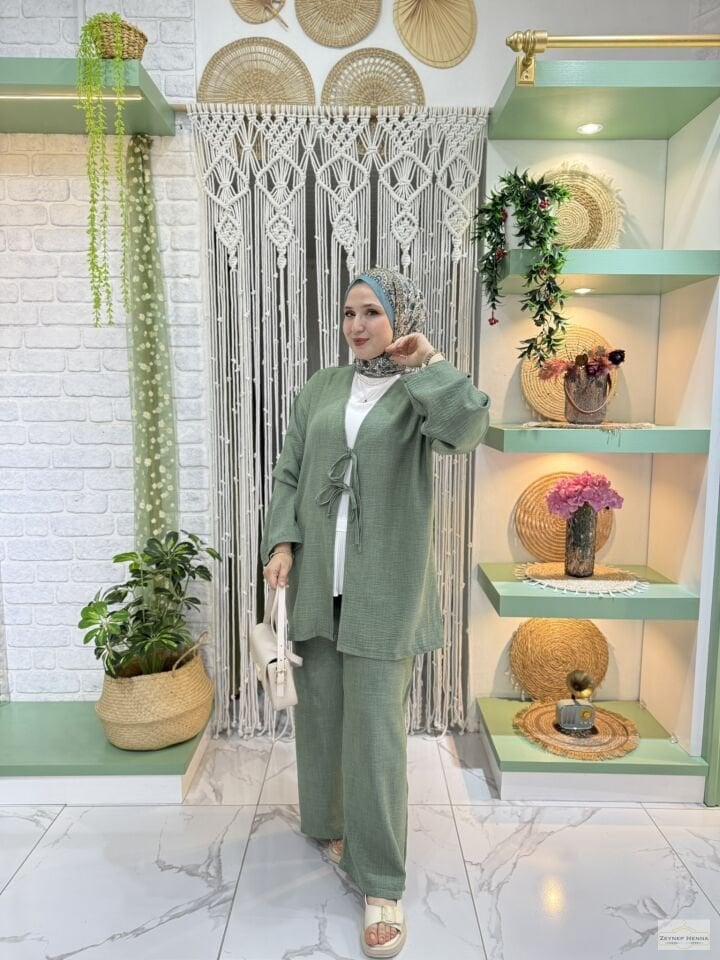 Keten Mint Yeşili Kimono Takım