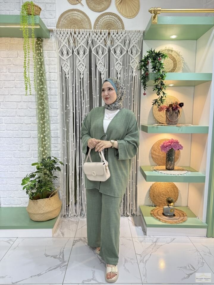 Keten Mint Yeşili Kimono Takım