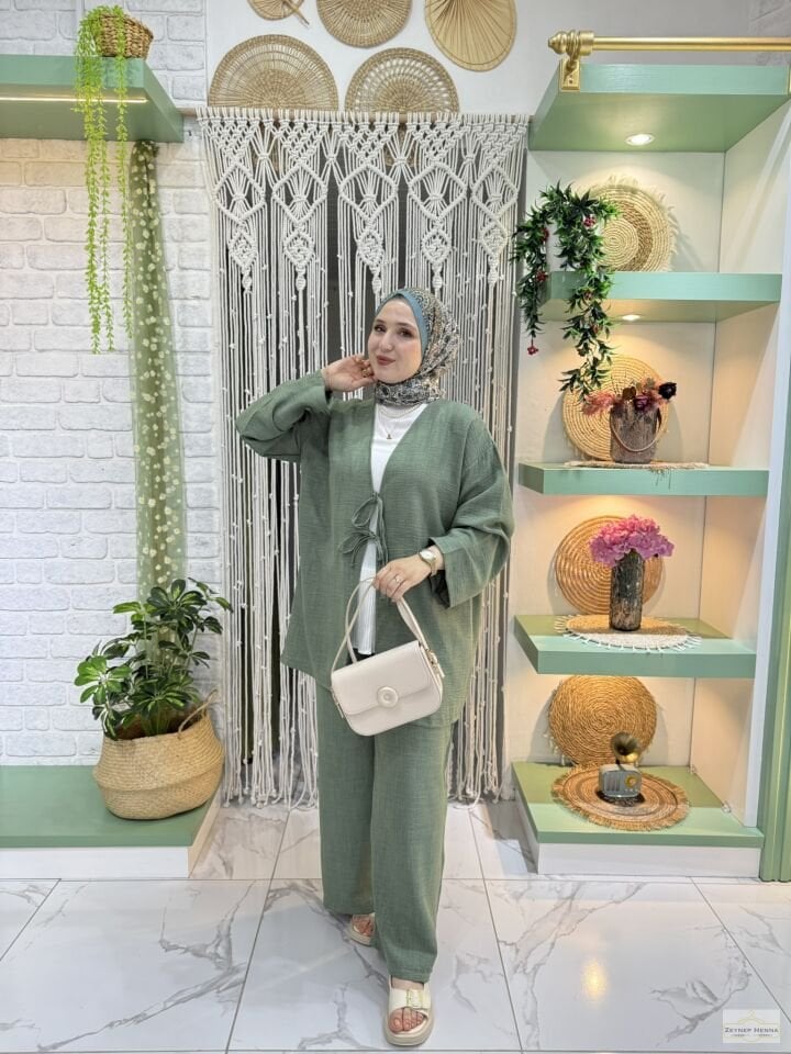 Keten Mint Yeşili Kimono Takım