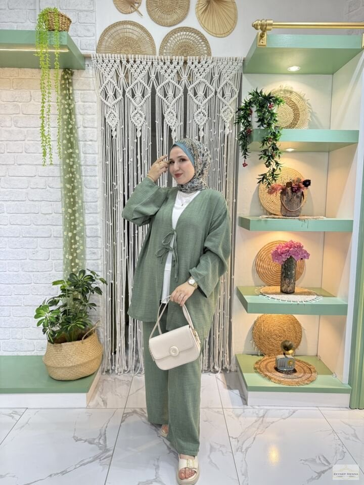 Keten Mint Yeşili Kimono Takım