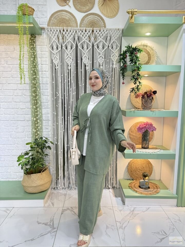 Keten Mint Yeşili Kimono Takım