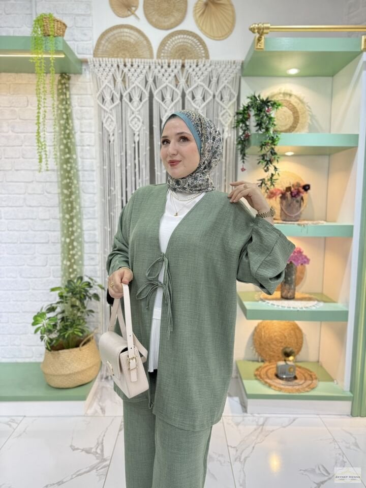 Keten Mint Yeşili Kimono Takım