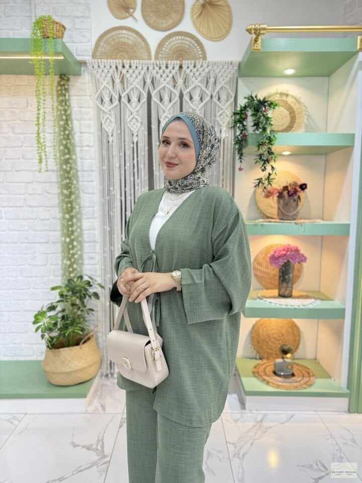 Keten Mint Yeşili Kimono Takım