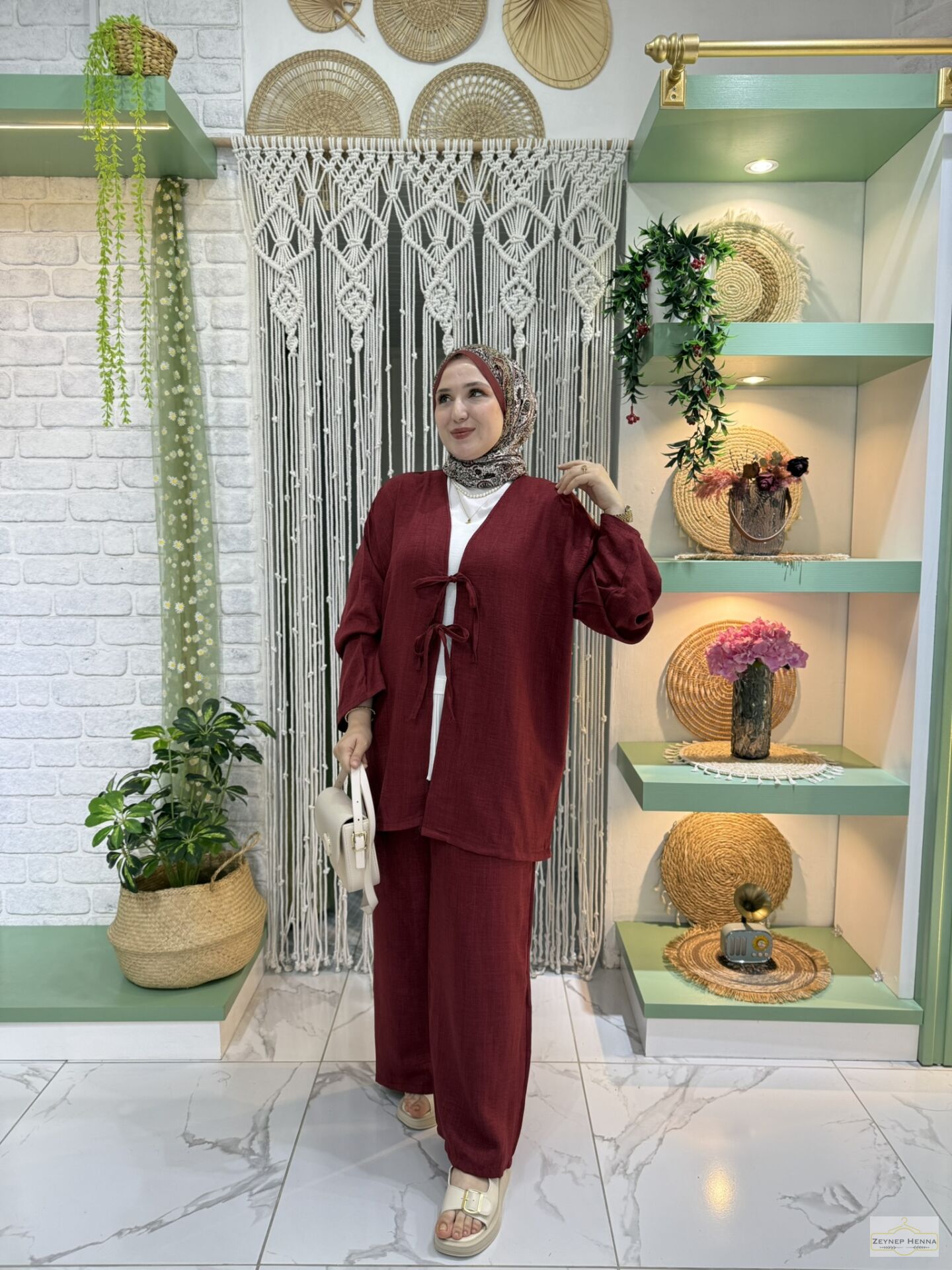 Keten Bordo Kimono Takım
