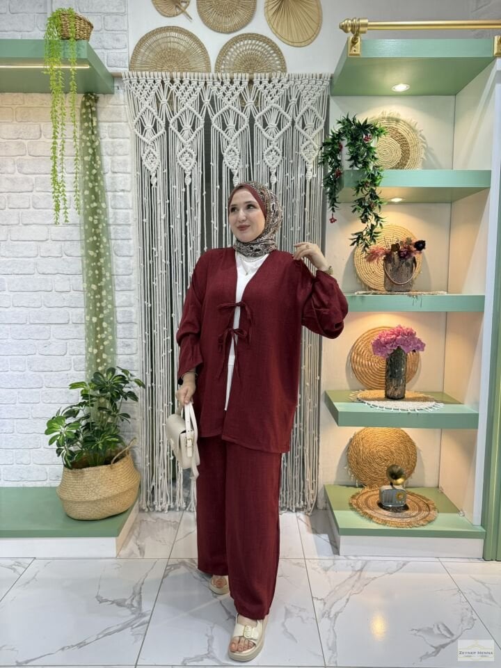 Keten Bordo Kimono Takım