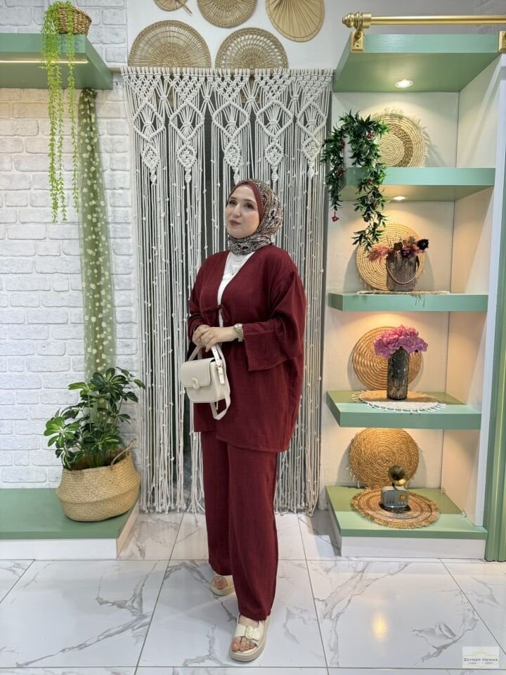 Keten Bordo Kimono Takım